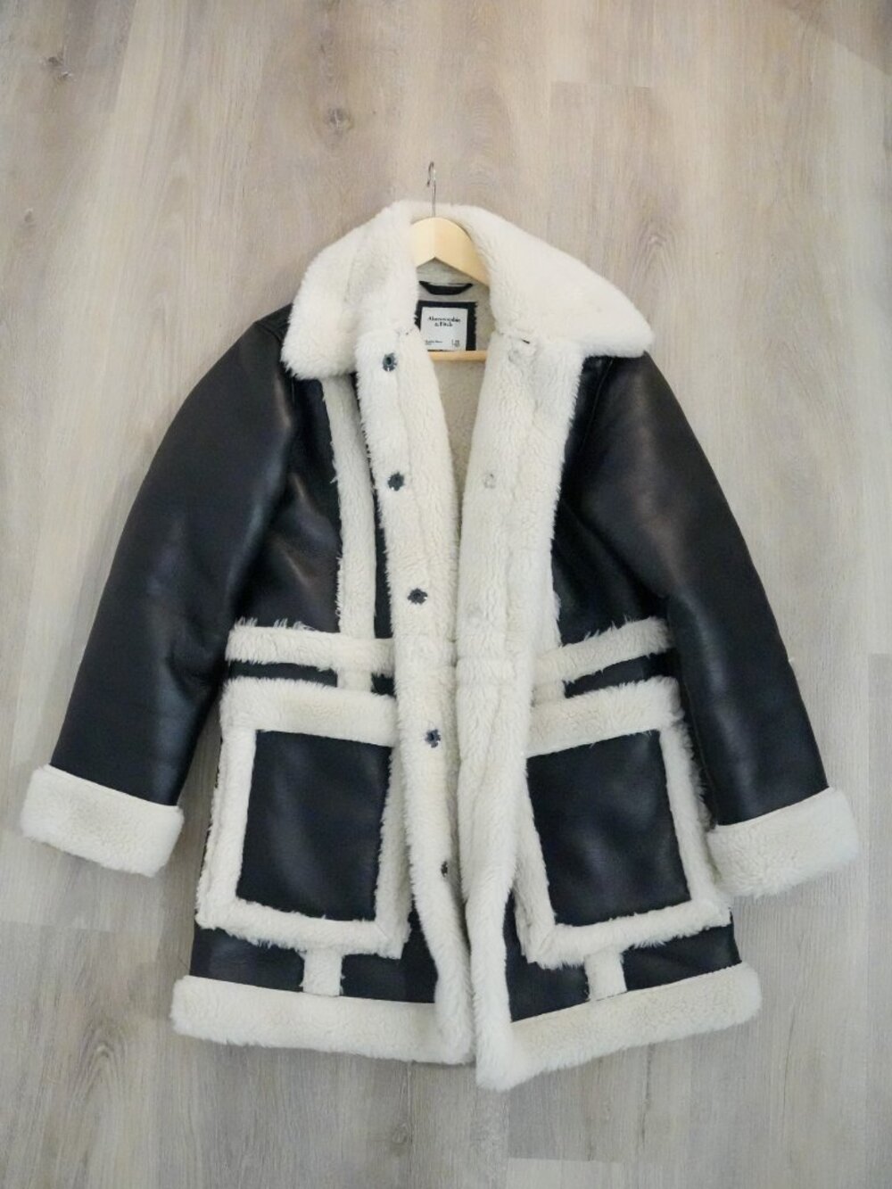 Abercrombie & Fitch Women Vegan Leather Sherpa Belted Coat Black Cream Size XS
